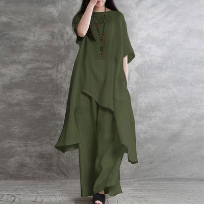 Korean Women's Casual Cotton & Linen 2-Piece Sportswear Set – Short Sleeve O-neck Top & Trousers