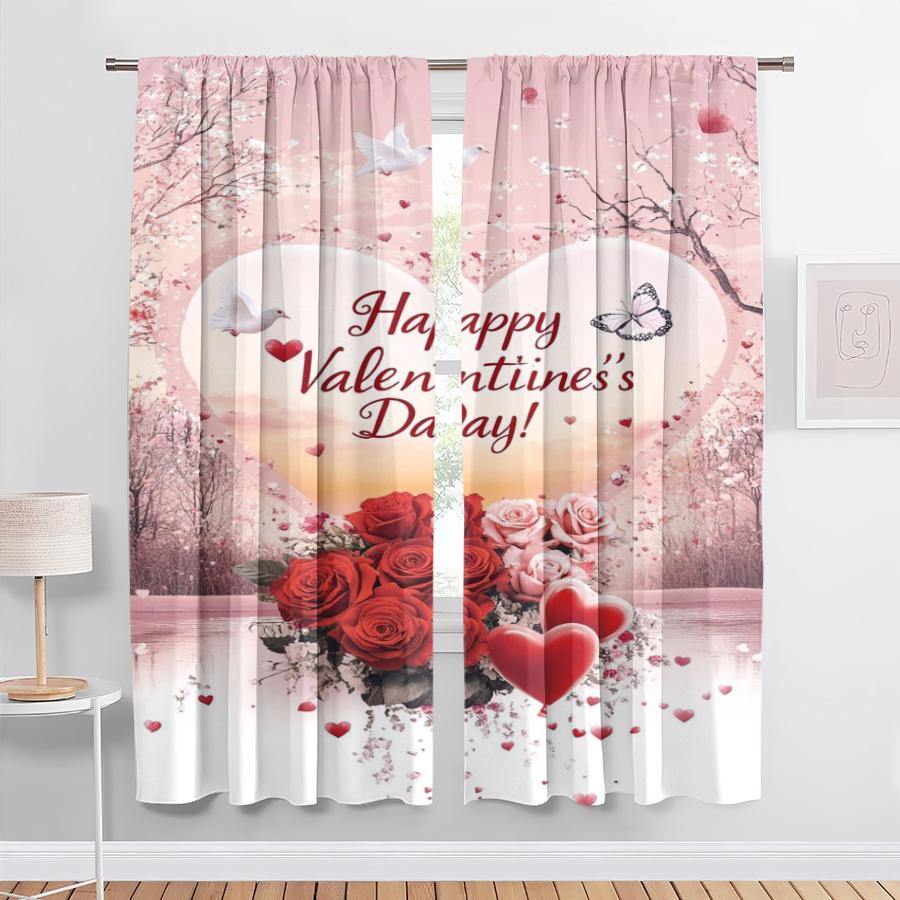 2PCS Pink Spring Scenery Love Curtains   Gentle and Romantic Style   Bedroom and Living Room   Drawbar Pocket Decorative Curtains