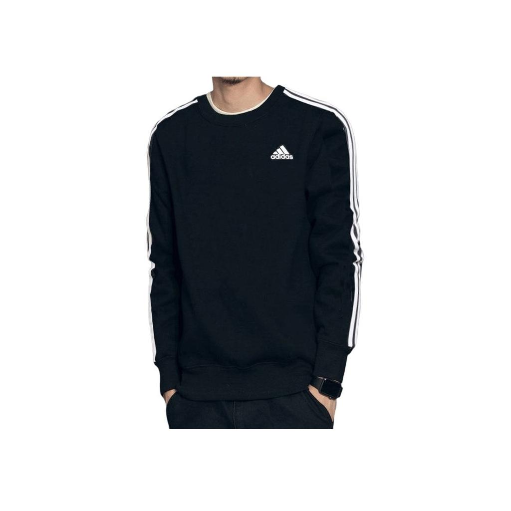 adidas Ess 3S Crew Seria Lifestyle Rayat Confortabil Sport Maneca Lunga Pulover Hanorac Bărbați hanorac Negru BQ9645