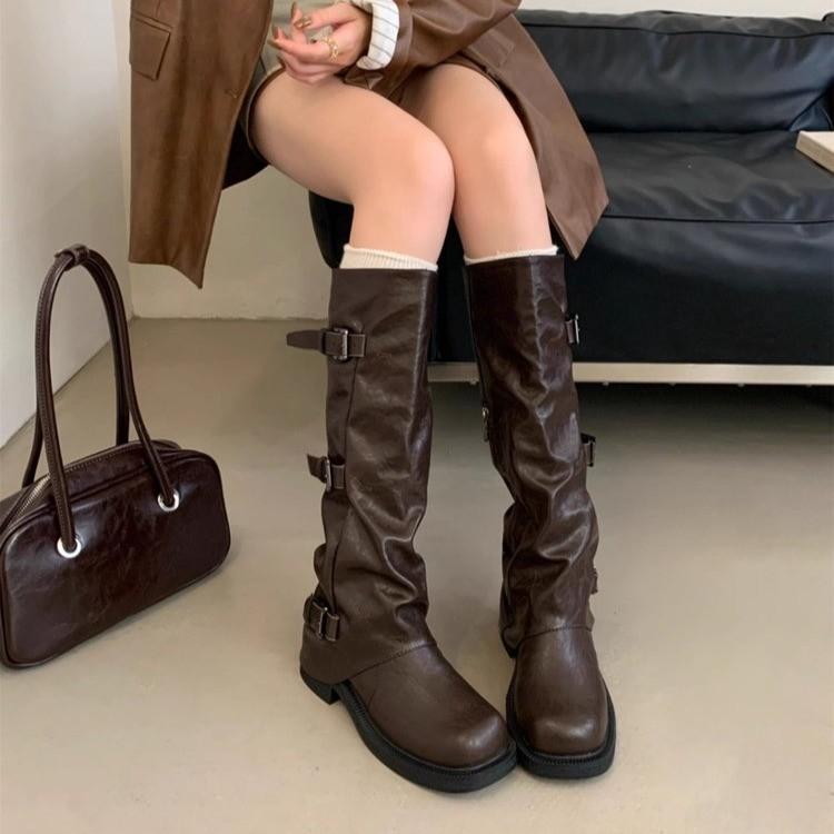 Women's Thick Bottom Brown Long Knight Boots Mid-Calf Motorcycle Boots Black Autumn Winter New Style Over-Knee Boots