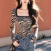 Plus Size Velvet Zebra Print Square Neck Long Sleeve Women's Top - Slimming & Flattering Spring/Autumn/Winter Base Layer