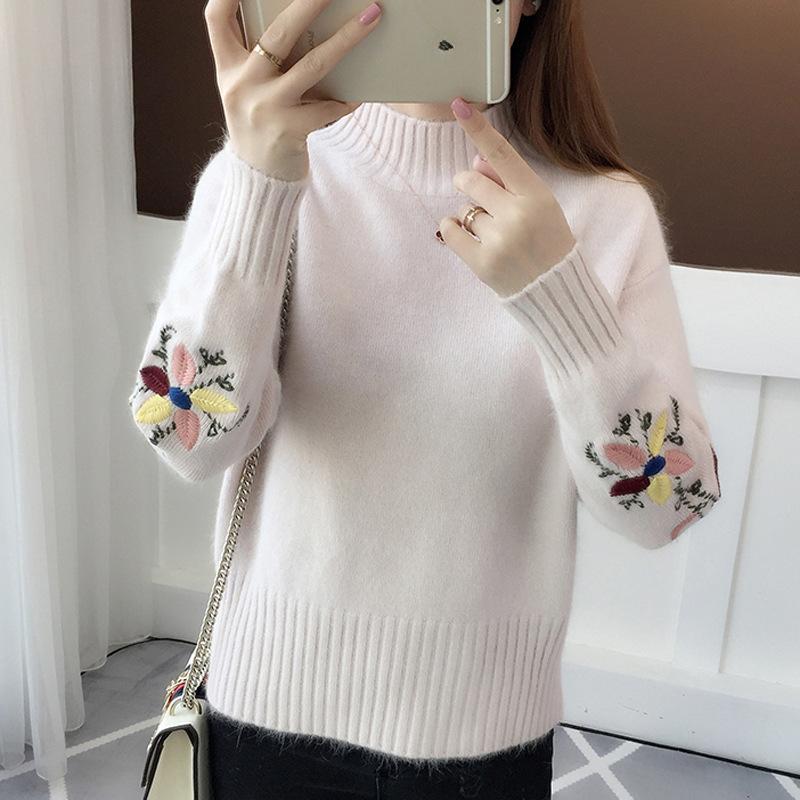 Autumn and Winter Women's Half Neck Pullover Sweater Embroidered Knitted Sweater for Women