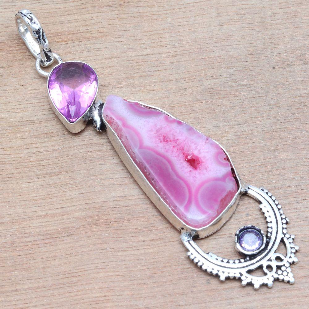 Pendant Pink Slice Drusy Gemstone Handmade Silver Jewelry 3.25"