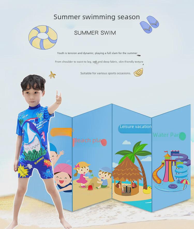 Kids' One-Piece Shark Swimsuit with Swim Cap - Korean Style, Quick-Dry, UV Protection for Boys In Small, Medium, and Large.