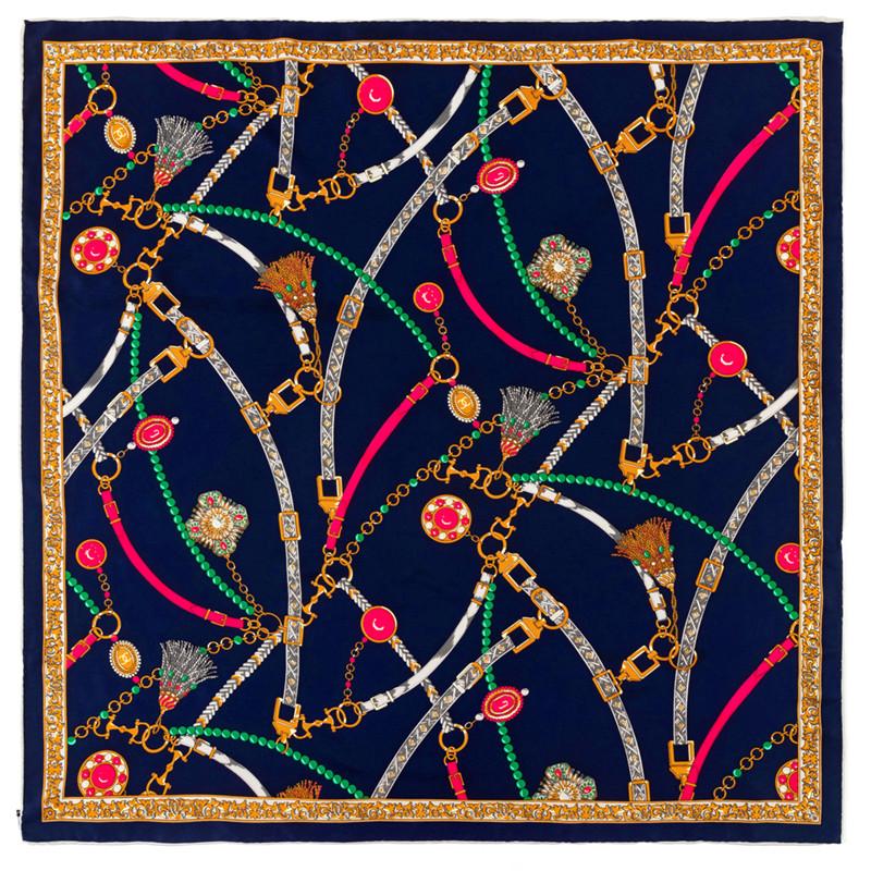 90Cm Square Scarf Women Luxury Belt Chain Design Foulards Twill Silk Scarves Wraps Hand Rolled Bandana Curled Head Scarves Hijab