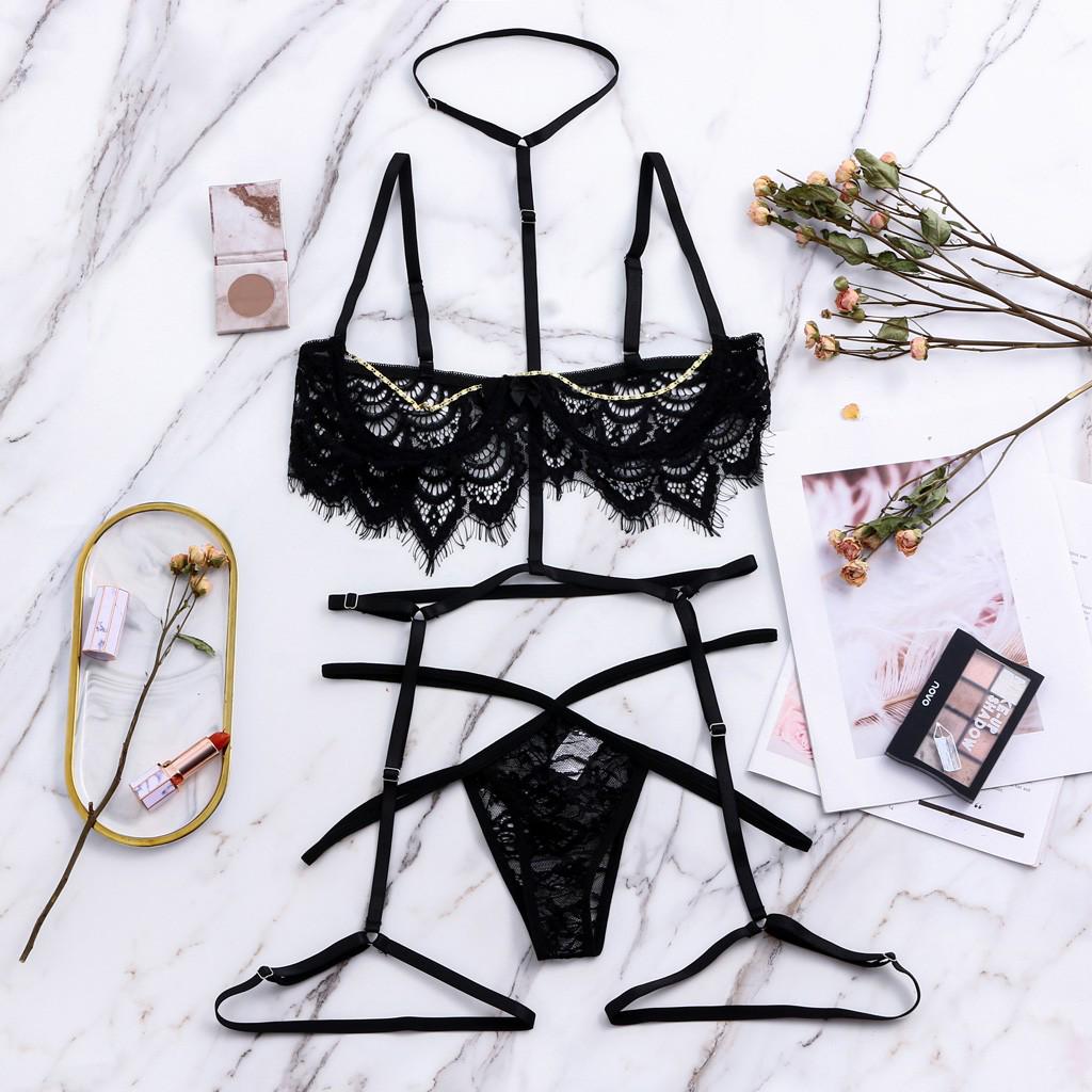 3PC Sexy Lingerie Lace Embroidery G-string Thong Underwear Sleepwear