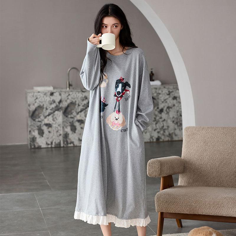 Spring And Autumn Cotton Long-Sleeved Pajamas Pajamas Women'S Thin Loose And Cute Cartoon Medium And Long Loungewear