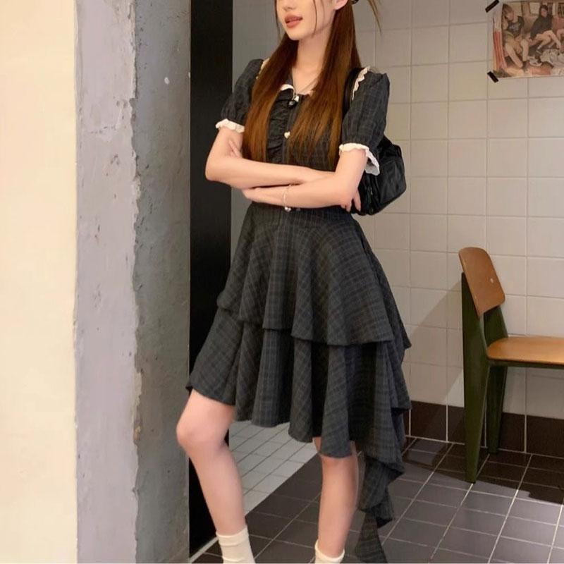 Coffee Break French Doll Collar Plaid Dress Women Summer Irregular Sweet Spicy Waist-tightening Tailing Cake Skirt