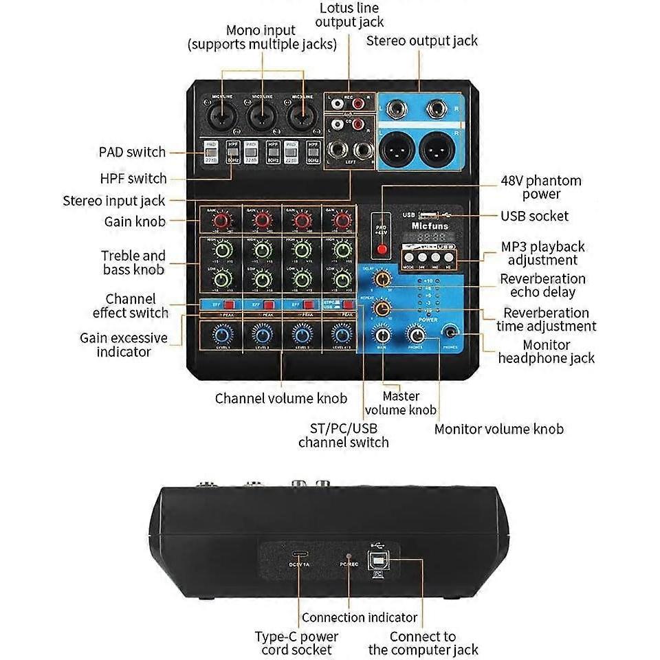 Mini Audio DJ Mixer Soundboard Konsolensystem, 5-Kanal 48V Phantomspeisung mit Bluetooth USB MP3 St