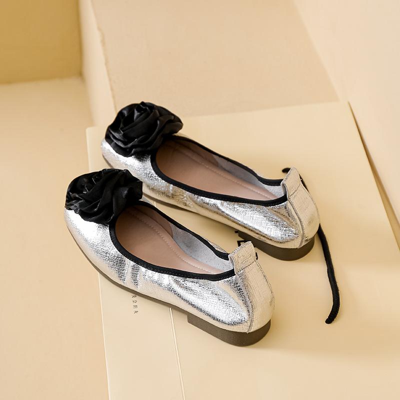 Fashion Rose Flower Ballet Flats Women Silver Sequines Cloth Foldable Shoes 35-43 Big Size Floral Loafers Elastic Band Slip On Loafers