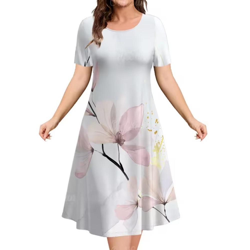 Summer Floral Print Dress round Neck Short Sleeve A-Line Skirt Elegant Women's Floral Skirt Casual Chic Lady's Clothing