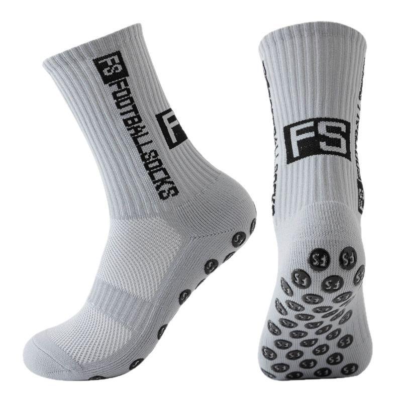 Non-Slip Mid-Calf Sports Football Socks with Terry Bottom and Round Silicone Grip