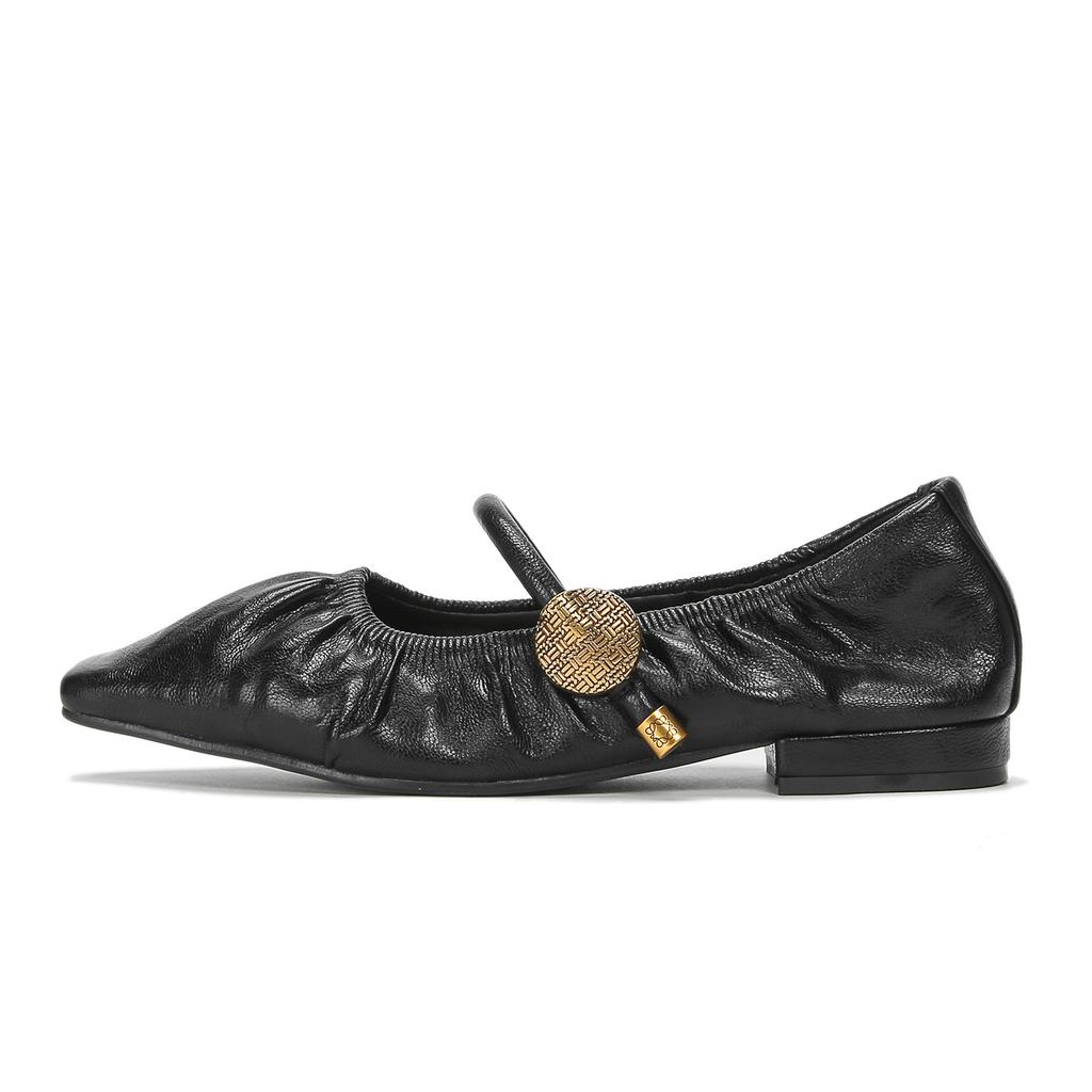 Square head French thick heel light mouth low heel single shoes women's one-word pleated egg roll shoes small fragrant style high-end flat shoes