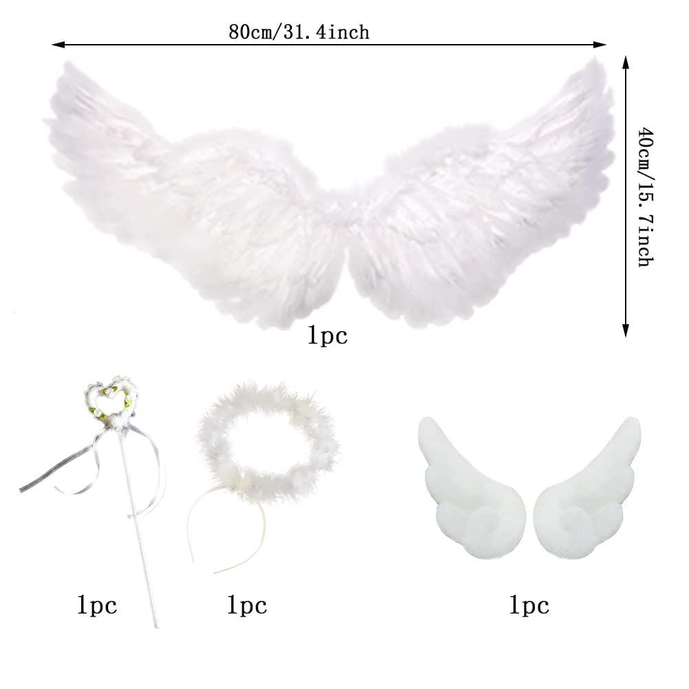 Formemory Angel Wings Cosplay Set for Kids, Angel Wings, Ring, Heart Cane, and Hair Ornament, 4-Piece Set, White Angel Costume Accessories for Women