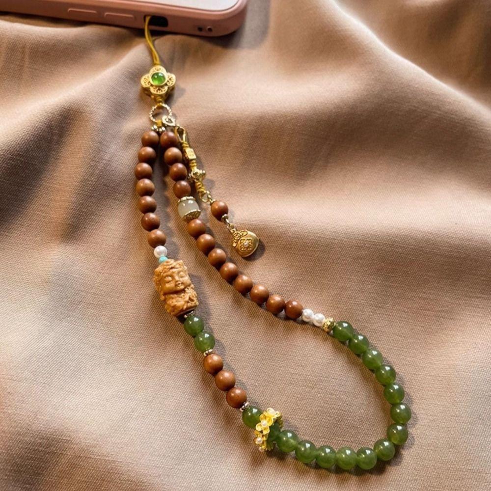 Short Mobile Phone Chain Chinese Style Antique Green Wrist Rope Pendant For Men