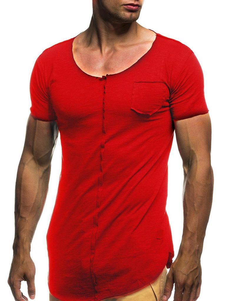 Men's Casual Patchwork Frayed Hem Round Neck Short Sleeve T-shirt