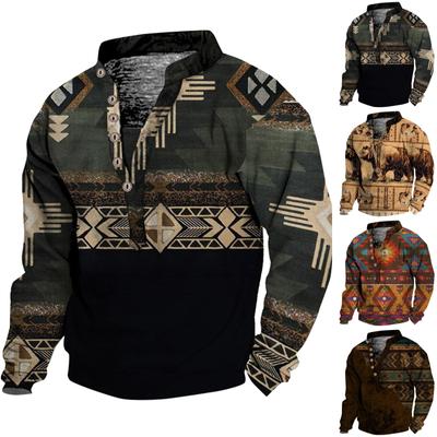 V-neck Sweater Men's 3d Digital Printing Stand Collar 6 Button Vintage Collar