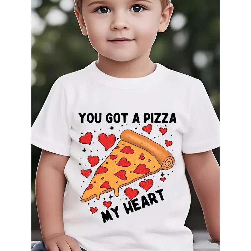 European sizes Children Boys' Funny "You Got a Pizza My Heart" T-Shirt - Pizza Slice & Heart Cartoon Print Casual Summer Short Sleeve Tee Suitable