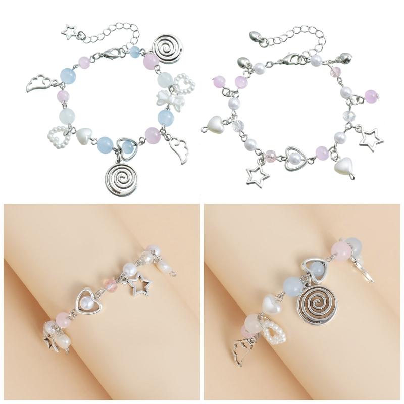 Handcrafted Beaded Bracelet with Heart Star Wing Pendant Wristband Pearls Bowknot Bracelet Adjustable Chain Jewelry Gift