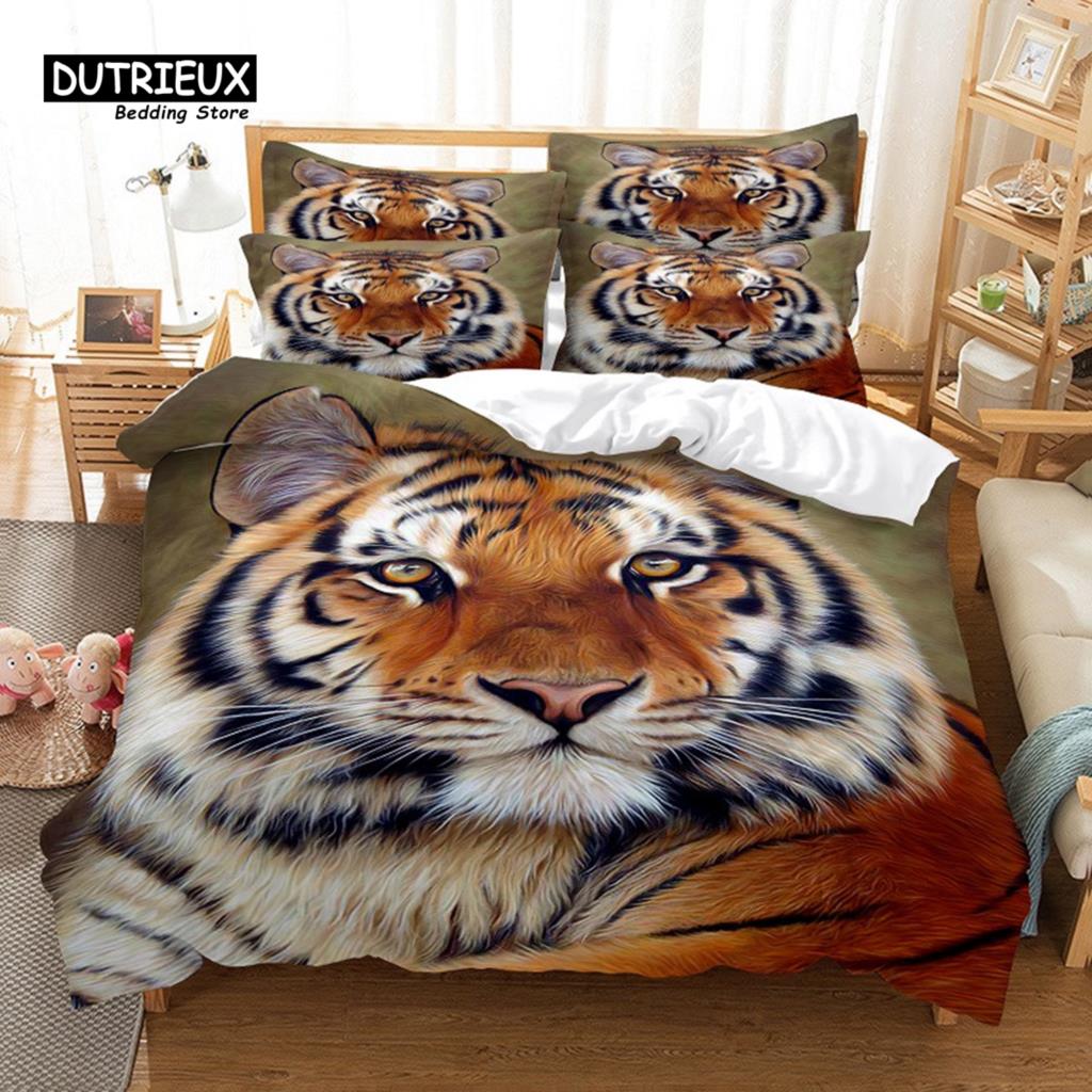 Lie Tiger Bedding Set, 3Pcs Duvet Cover Set, Soft Comfortable Breathable Duvet Cover, For Bedroom Guest Room Decor