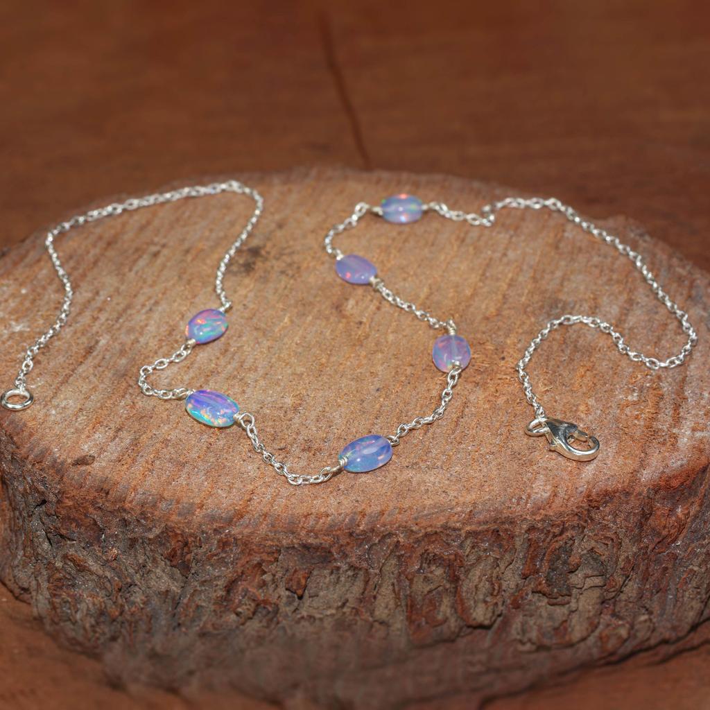 Multifire Lavender Opal Tumble Beads Chain Necklace, Genuine Ethiopian Opal Chain Necklace, Opal Delicate Jewelry for Women, Birthstone Gift