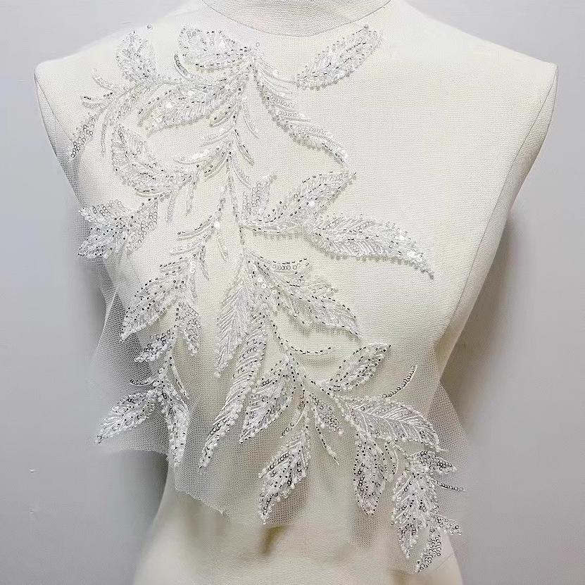 1 Stück Silberne Spitze Perlen Blatt Applikationen Aufnäher DIY Nähen Hochzeitskleid Zubehör Aufnäher
