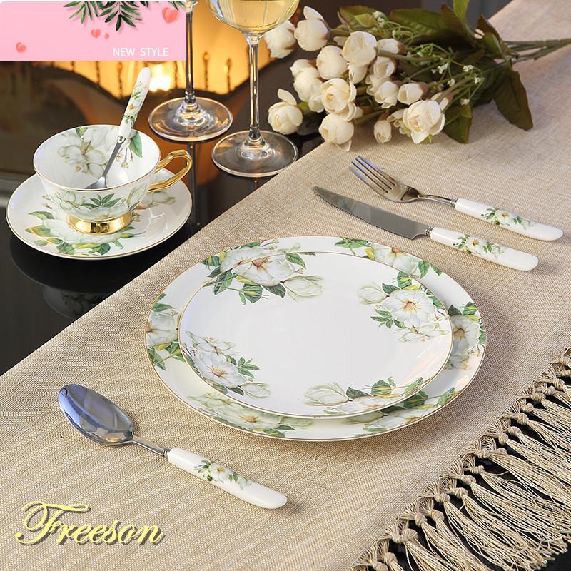 Europe Pastoral Bone China Tableware Set with Fork Knife Dishes Plates British Royal Advanced Porcelain Meal Cutlery Dinnerware