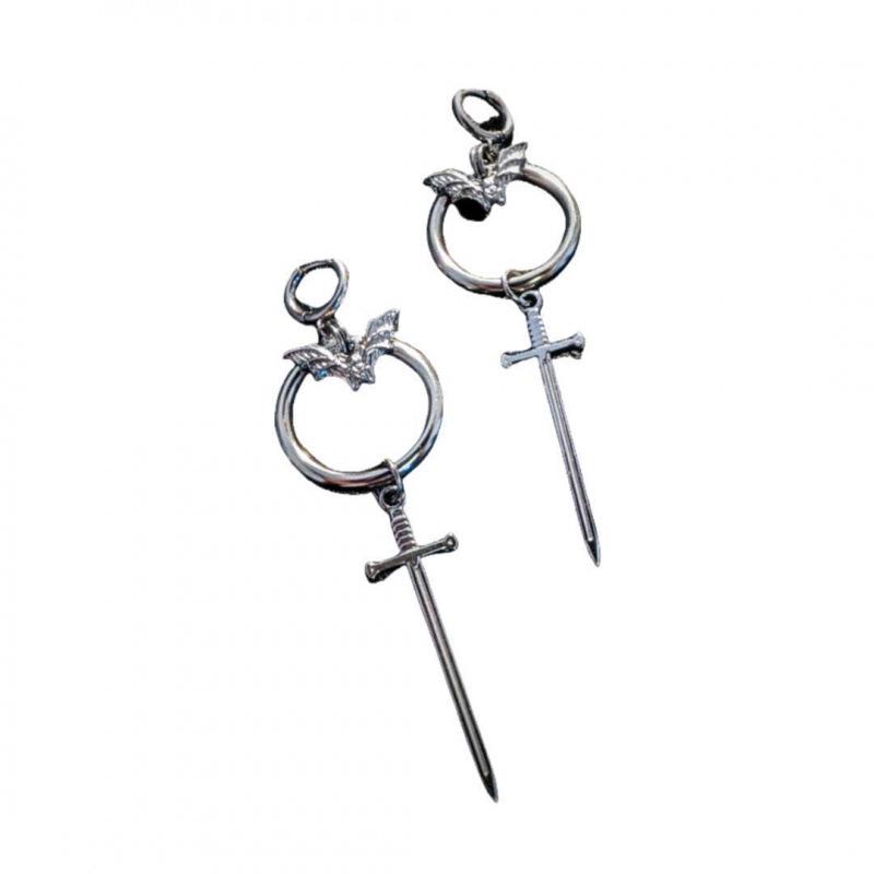 Gothic Punk Bat Dangle Earrings - Double Ring Pendant
