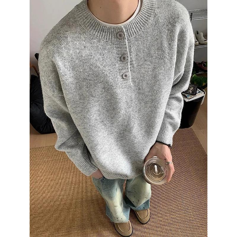 Men's High-End Retro Henley Collar Long Sleeve Knit Sweater for Autumn and Winter