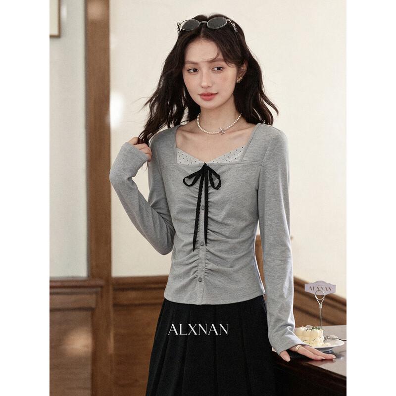 Luxiangnan Women's Slim Fit Bow Detail Fake Two-Piece Long Sleeve Top
