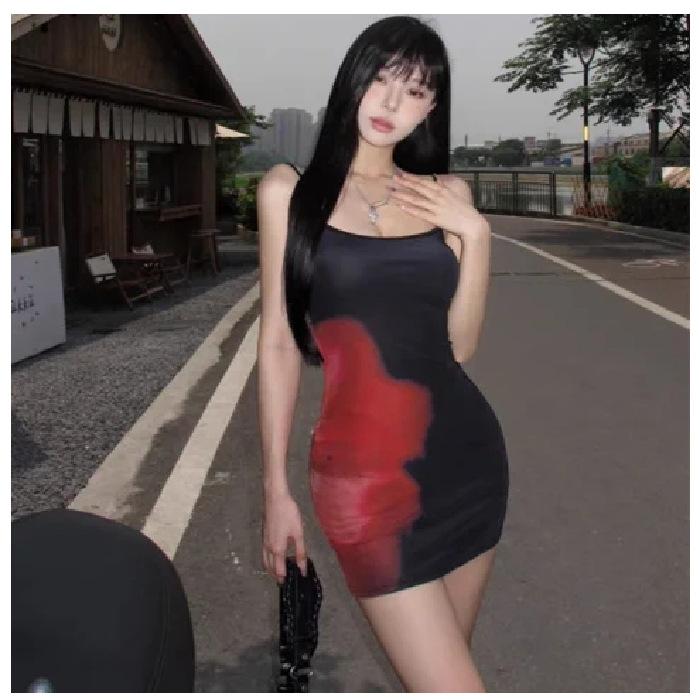 Retro print suspender dress women s summer sexy babes long skirt super tight waist hip skirt S