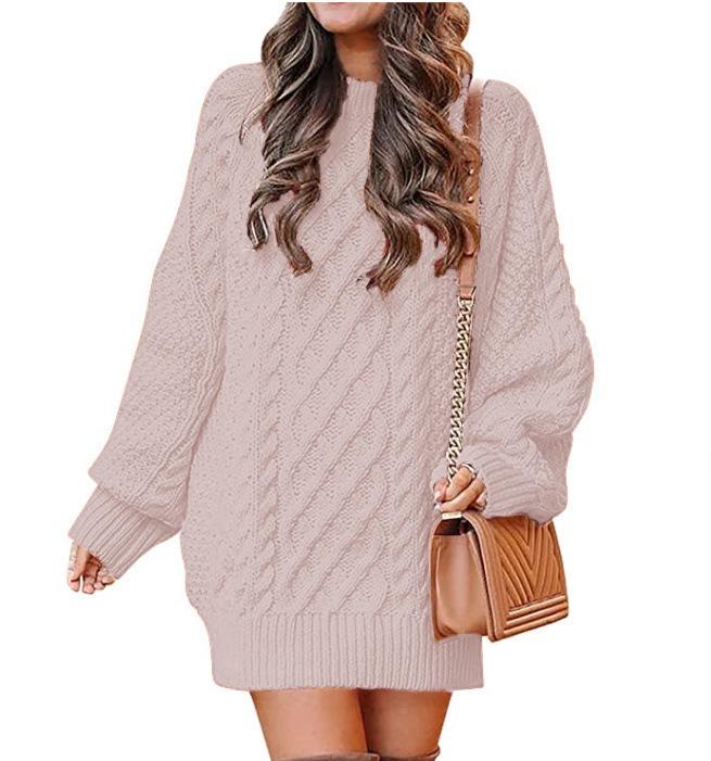 European & American Women's Oversized Cable Knit Sweater Dress - Round Neck, Long Sleeve, Mid-Length, Warm