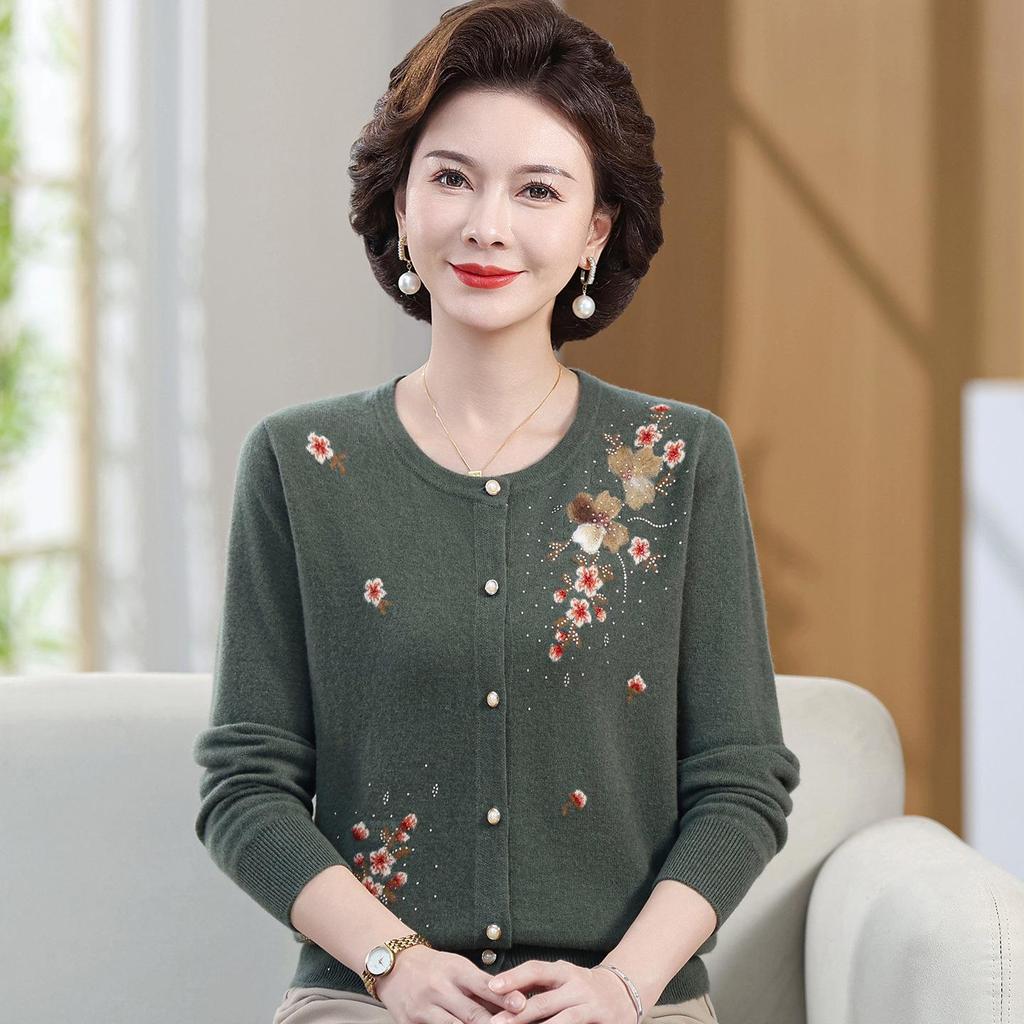 Elegant Women's Pure Wool Cardigan - Autumn/Winter Round Neck Knitwear with Embroidery for Mid-to-Old Age Mothers