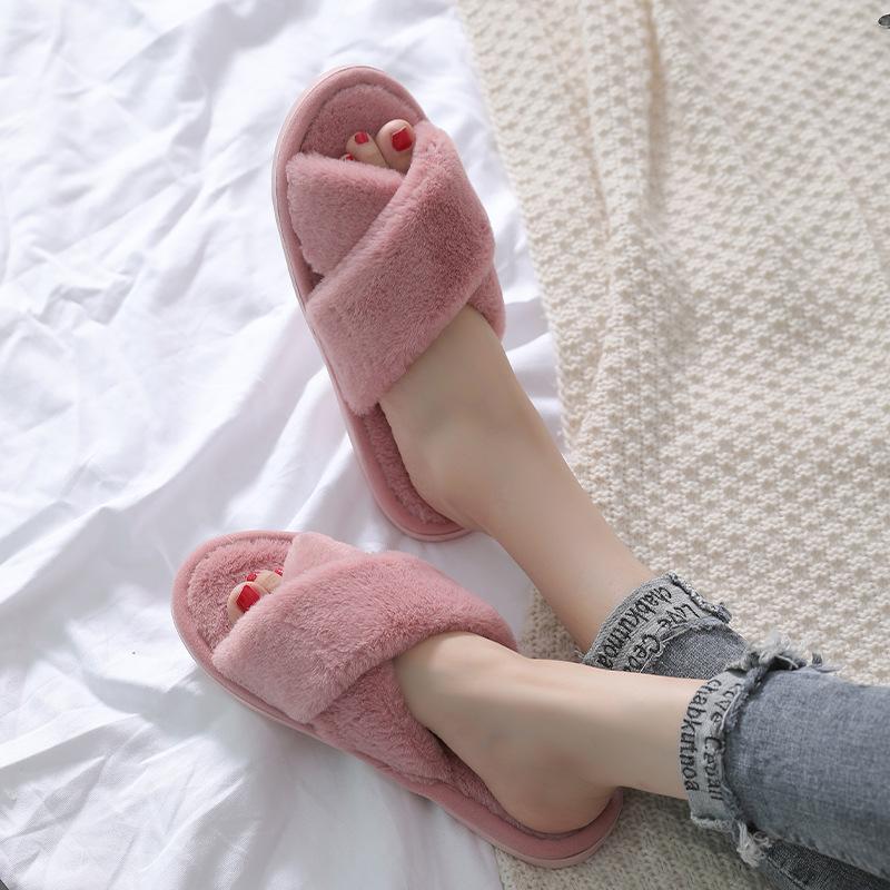 Cross-shaped Plush Slippers, New Indoor Warm Cotton Slippers for Autumn and Winter, Thickened Toe Exposed Plush Slippers