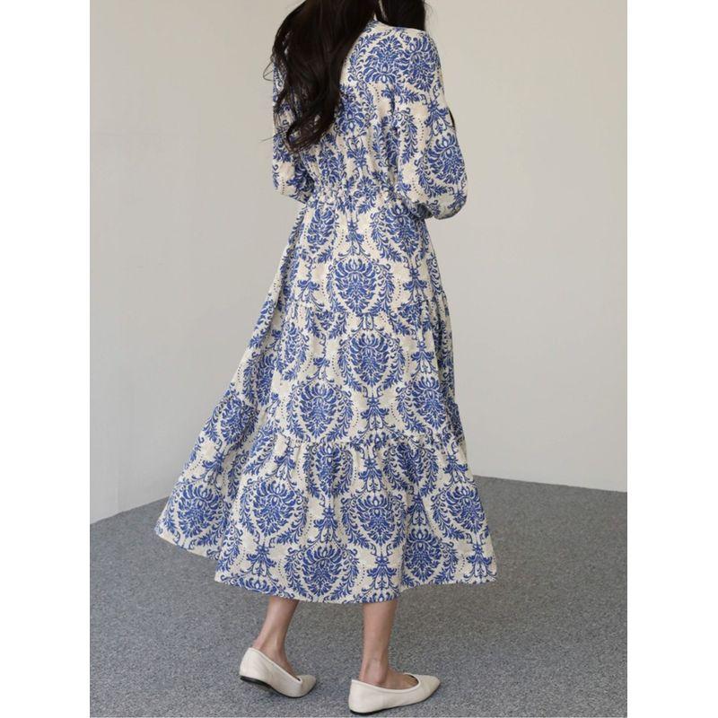 K-style Plus Size Women's Clothing V Neck Vintage Print Lace-up Waist Trimming Ruffles Mid Length Long Length Long Sleeves Dress Trendy Dress