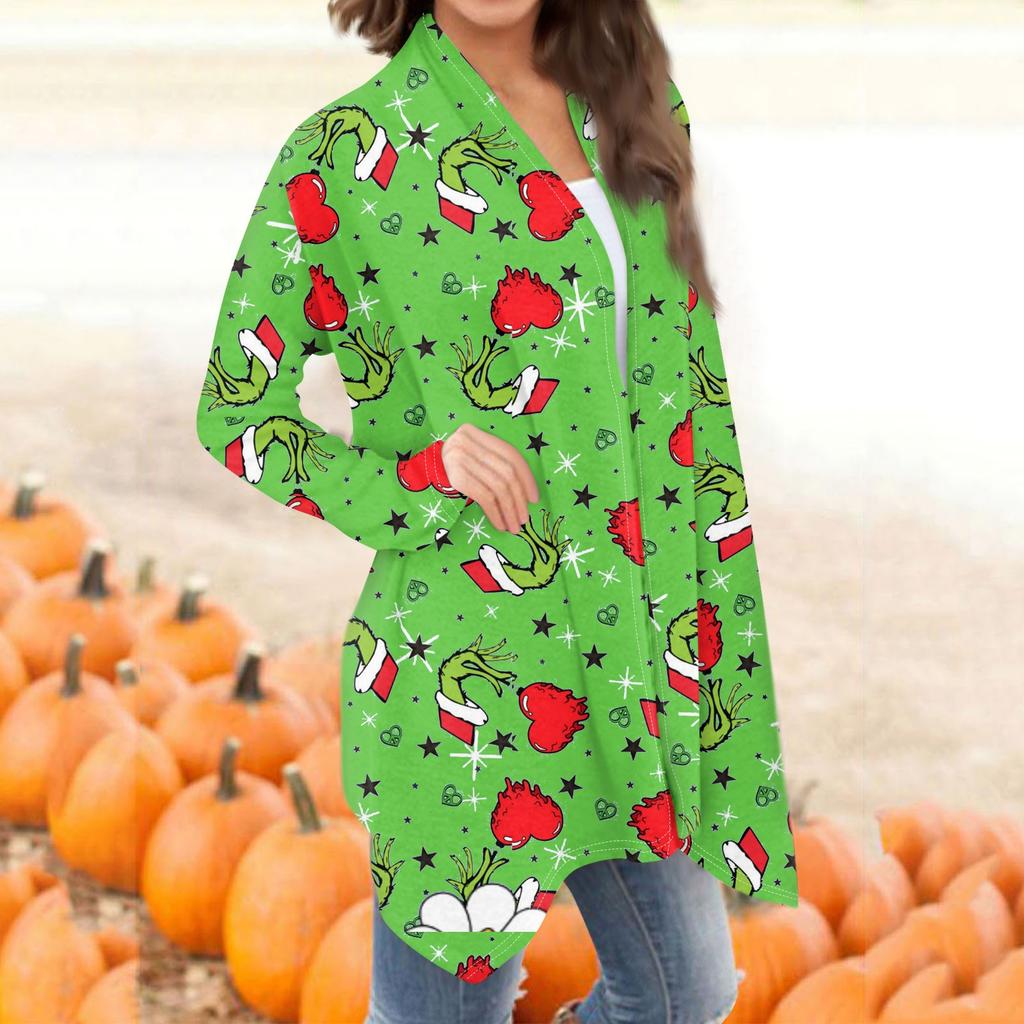 Damenmode, lässig, Weihnachtsdruck, mittellanger Cardigan-Jackenmantel