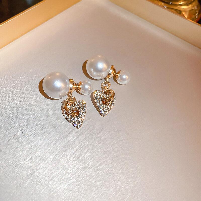 Faux Pearl Two-sided Shell Zircon Earring Elegant Fashion Women Shiny Crystal Imitation Pearl Handmade Earrings Party Jewelry Gift
