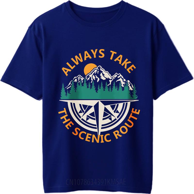 Big Size Summer Women T Shirt Always Take The Scenic Route Mountains Compass Sunset Trees Short Sleeve Adult ONeck Tees