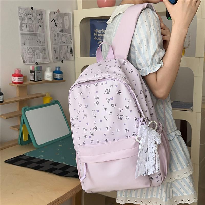 Cute Heart and Bow Print School Backpack with Front Pocket Top Handle Casual Daypack for Girls Students
