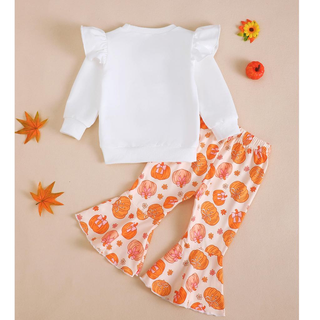Kleinkind Mädchen Halloween Kürbis Stickerei Langarm Rundhals Pullover Sweatshirt und Elastische Taille Ausgestellte Hose Set