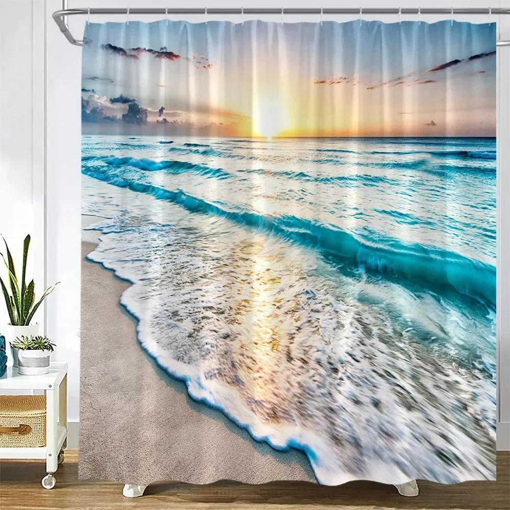 Dusk Sunset Beach Shower Curtains Tropical Ocean Palm Tree Forest Waterfall Nature Scenery Cloth Home Decor Bathroom Curtain Set