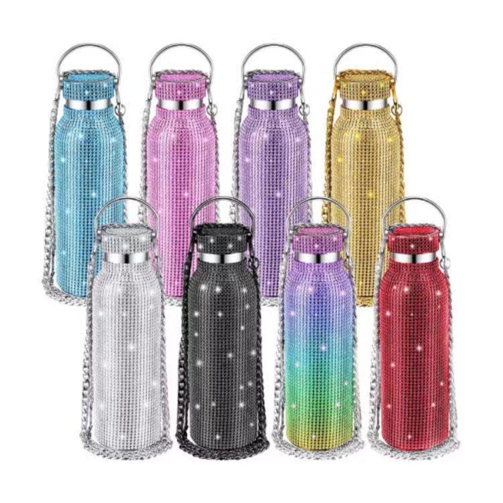 Thermal Rhinestone Water Bottle Stainless Steel Refillable Glitter Tumbler Removable Carrying Strap Chain Vacuum Flask Women