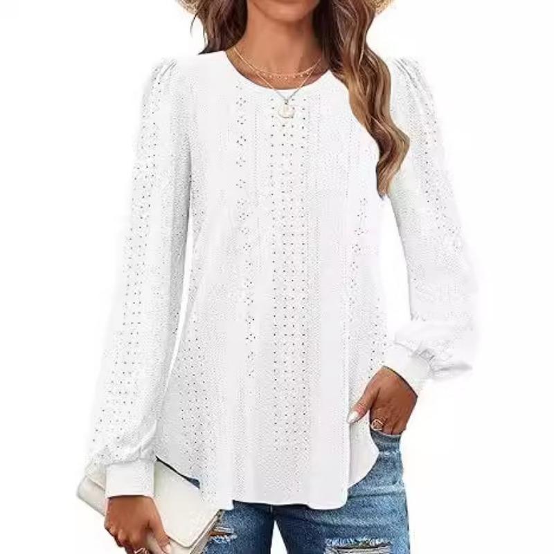 Women's Blouse Round Neck Small Eyelet Bubble Sleeve Long Sleeve Top