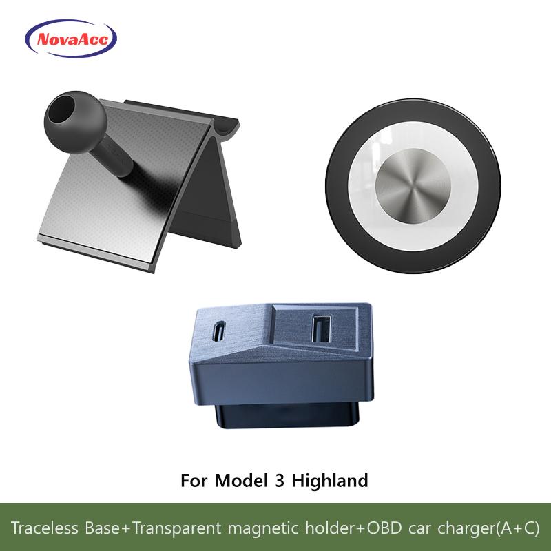 Auto Magnetischer Kabelloser Lade-Handyhalter Für Tesla Model Y Juniper Model 3 Highland 2021-2025 Transparente Basis OBD-Ladegerät
