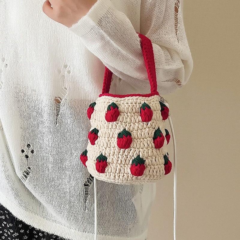 Cute Color Blocking Strawberry Pattern Women Knit Handbag For Daily Use