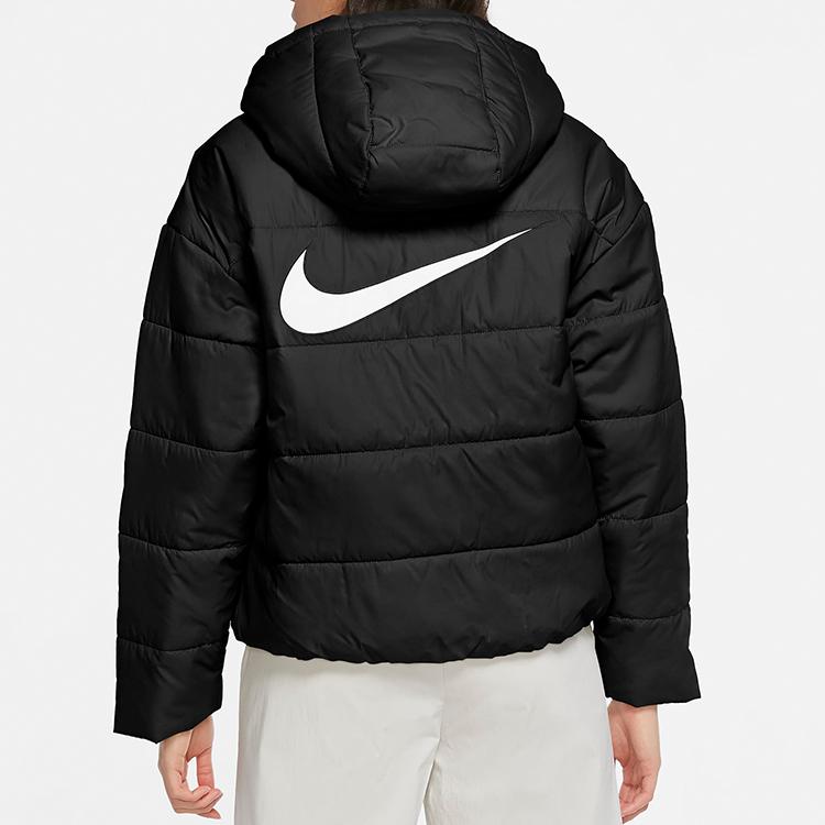 Nike Odzież sportowa Syntetyczne wypełnienie Nadruk z logo Ciepła Codzienna Kurtka z kapturem Damska Kurtka Czarna CZ1467-010