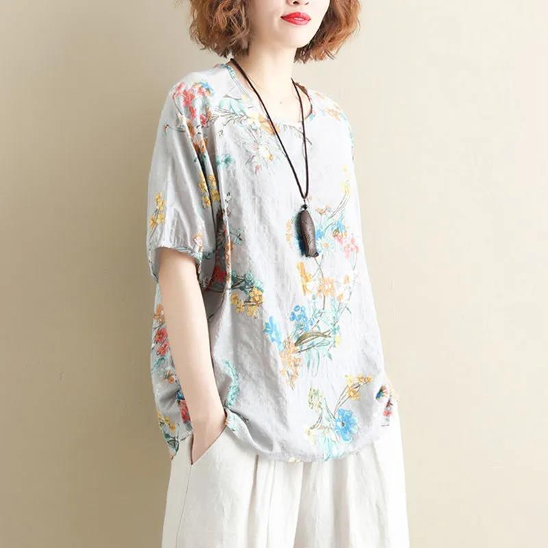 Vintage Printed O-Neck Half Sleeve Shirt Oversized Loose Commute Women's Clothing Summer Fashion Casual Blouse