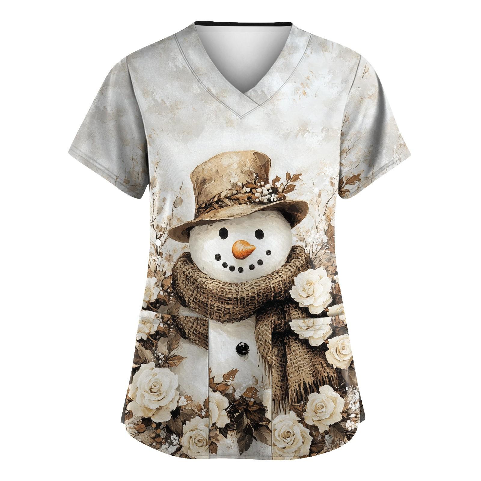 

Женская рождественская печатная рабочая униформа с V-образным вырезом и карманом, защитная униформа L