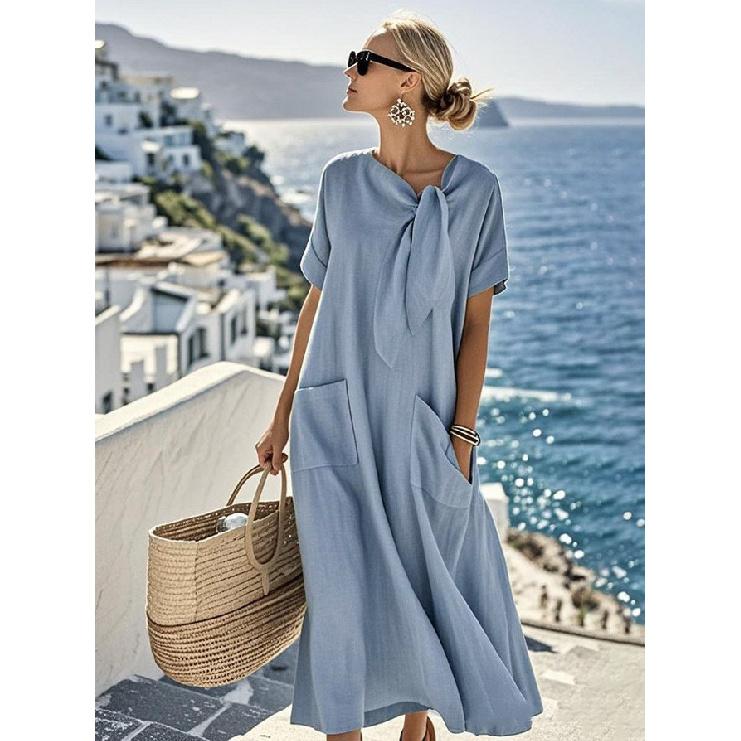 2026 Spring/Summer New Women s Bow Collar Elegant Casual Long Sleeve Short Sleeve Dress S светло-синий