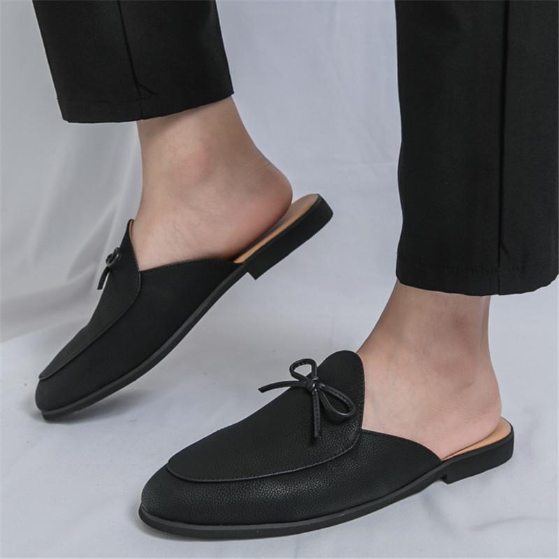 Fashion Designer New Men's Black Bowknot Half Slippers Driving Shoes Casual Pu Leather Mules Moccasins Breathable Loafers Zapatos Hombre